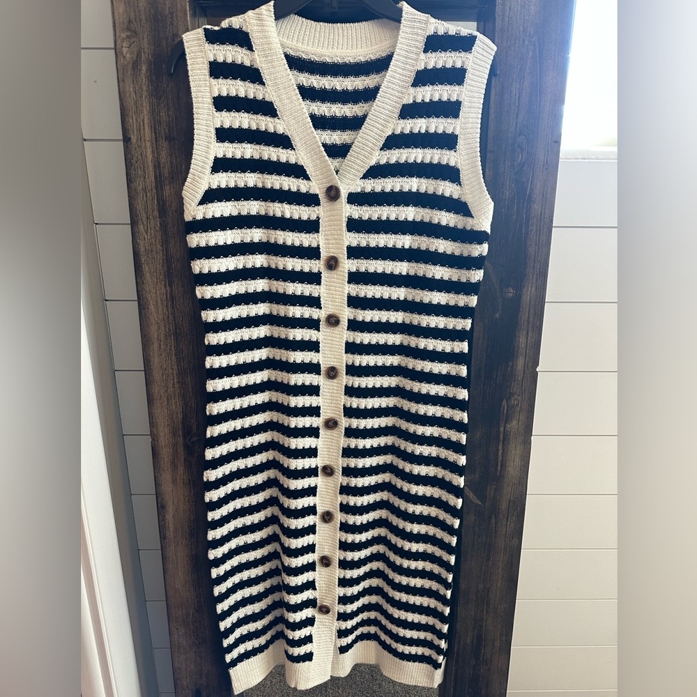 Black & Cream Striped Knit Button Front Sweater Vest cardigan Dress festival M - Picture 3 of 5